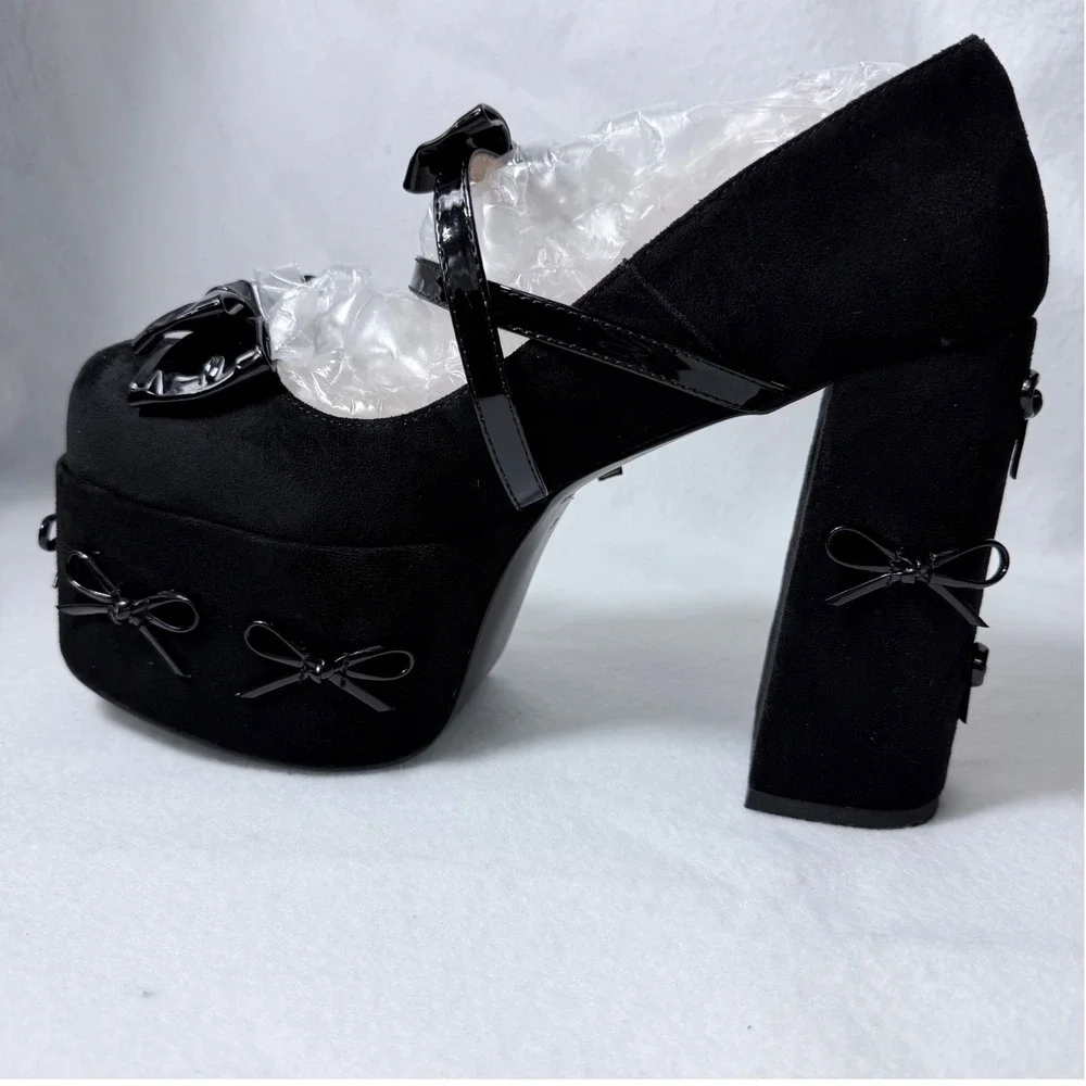 Black Bow Platform Mary Jane Pumps Heart Buckle Block Heel Sz US 10 New sexy